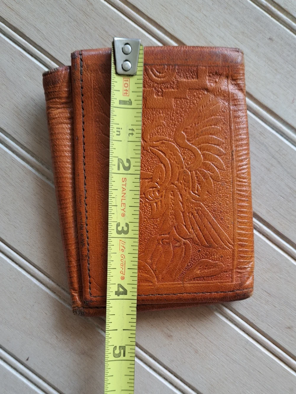 Vintage Handmade Mexican Tooled Leather Trifold Wallet Aztec Mayan Eagle Boho